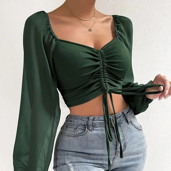Dark Green Casual Women's Sweetheart Neck Drawstring Lantern Sleeve Crop Top - Picture 5 of 5